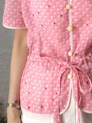 pink pattern ribbon belt blouse